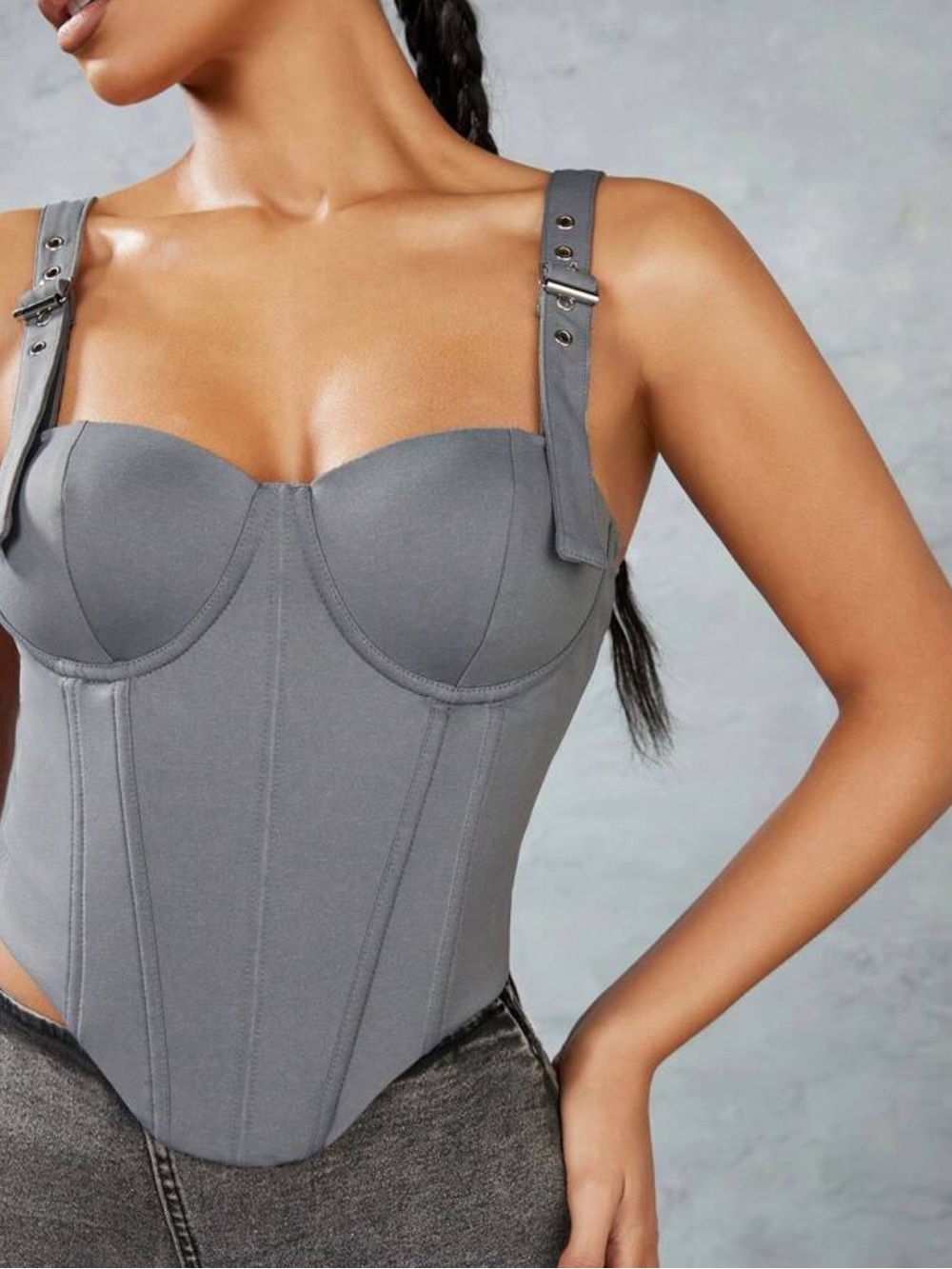 Gray Structured Corset Top with Adjustable Buckle Straps